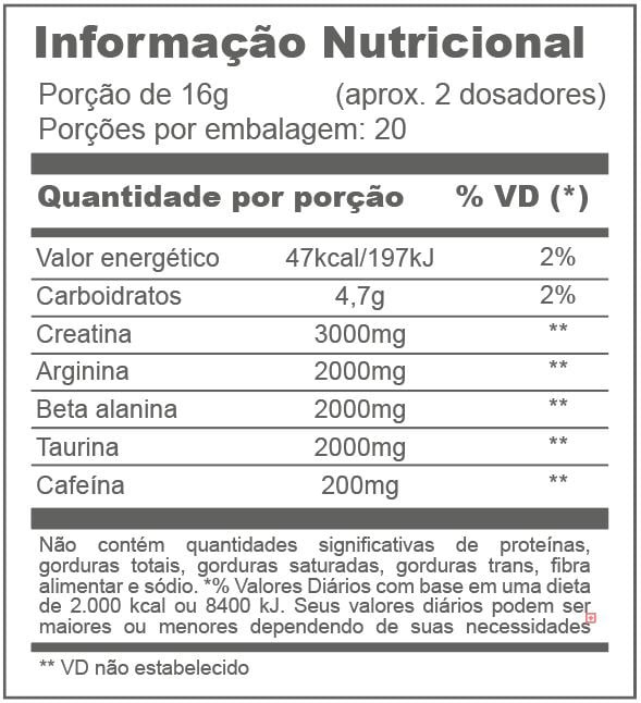 Informação nutricional pré treino flash